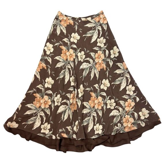 Vintage Silk Maxi A-Line Skirt Womens Sz 8 Brown cream Floral Lined Midi Flowy - Picture 16 of 16
